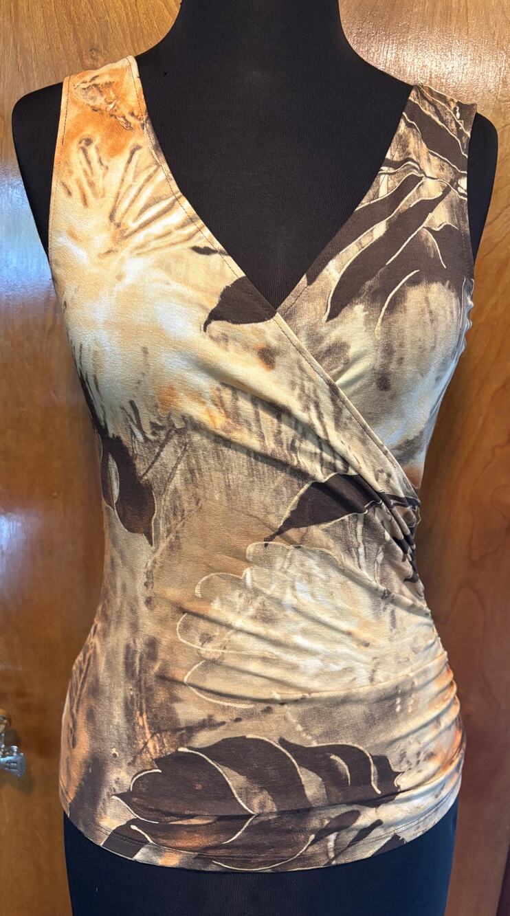 Cache Faux Wrap Gold Metallic Kissed Floral Print Stretch Ruched Side Top Sz S